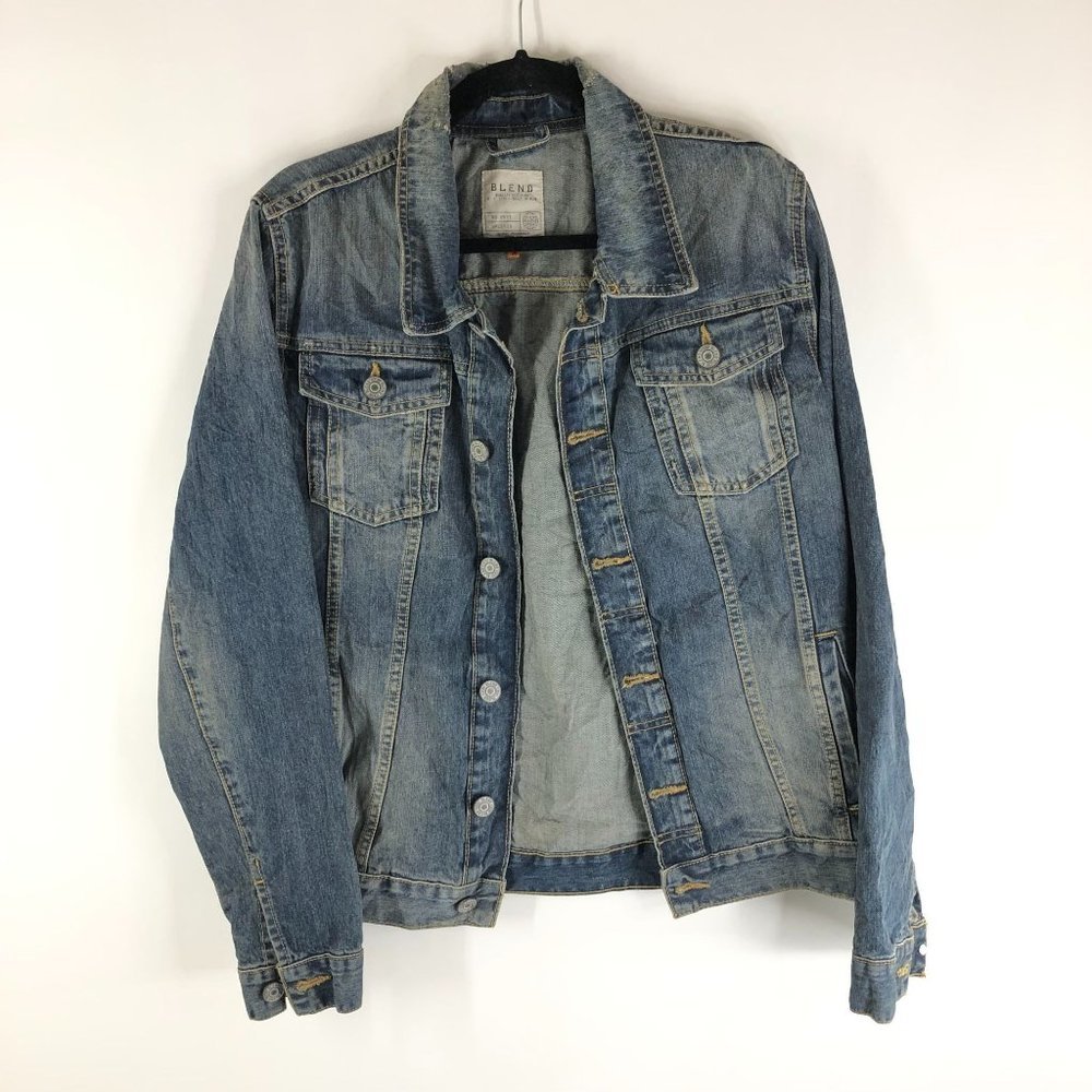 Blend Mens Denim Jacket Retro Trucker Fading Cotton Blue M